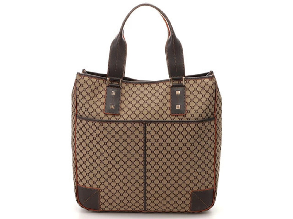 Celine Macadam Tote Bag Dark Brown Beige Cream Canvas Calfskin SJ